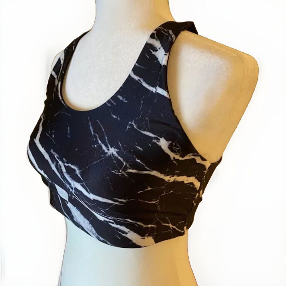 TEREZ Size Medium‎ Sports Bra Black White Marble Racerback Stretch Scoop-Neck